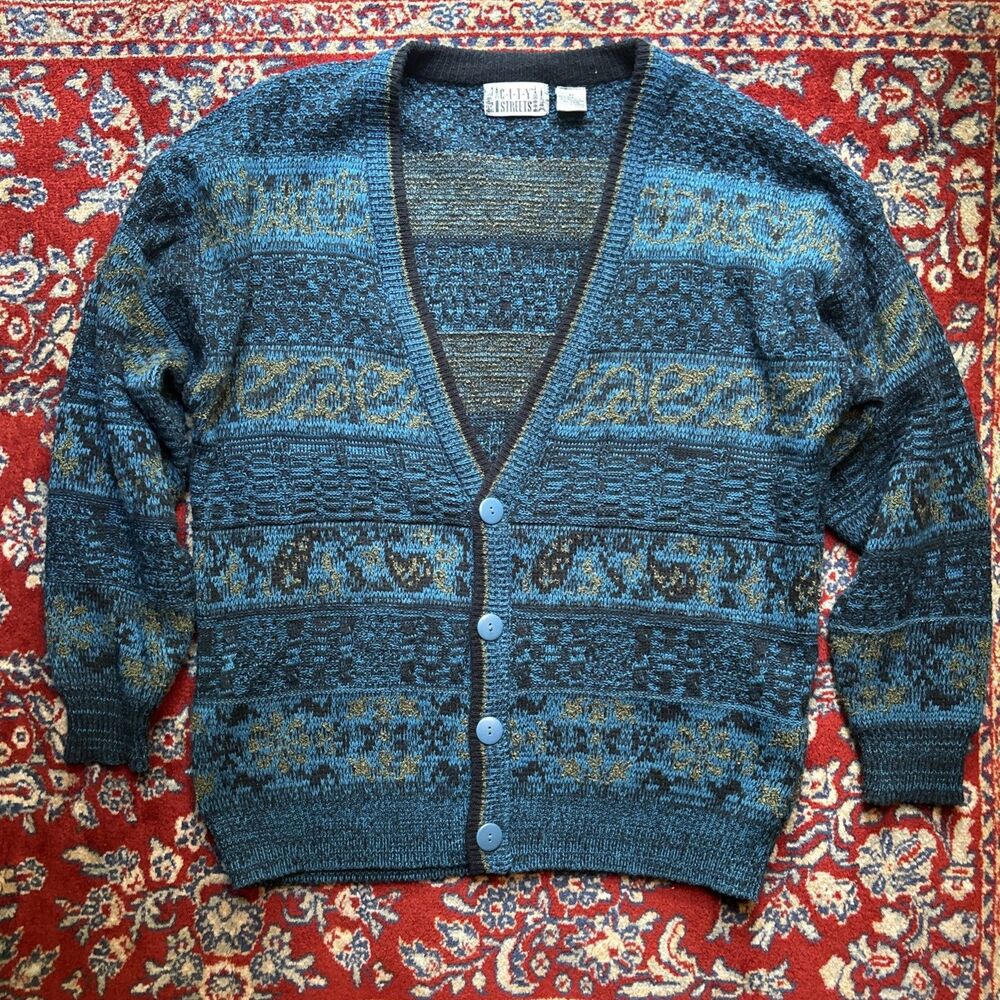 City Streets Vintage Mens Blue Geometric Knit Cardigan M 80's 90's coogi style